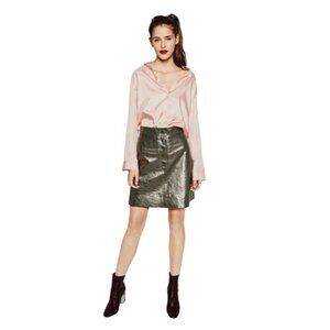 Zara Skirt XS Leather Gray Silver Metallic Festival Blogger‎ Fav Snap Button